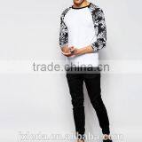 Men Muscle Fit Floral Pattern Print Contrast Long Raglan Sleeve White T-shirt OEM Custom thumbnail-4