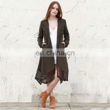 Fashion lapel design khaki lace spliced long women trench coat