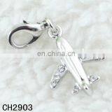 Custom 3D Metal Silver Plated Airplane Charms Pendant With White Crystal