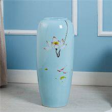 Hand Paint Countryside Style Lotus Flower Large Blue Ceramic Vase Decoration For Wedding Gift thumbnail-3