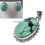 Tibet Turquoise Jewelry Set 925 Silver Jewelry Handmade Jewelry Indian Silver Jewelry Pendant and Ear Studs Set thumbnail-1