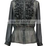 Good Quality Women Black Color Fashion Sheer Chiffon Blouse With Ruffle thumbnail-2