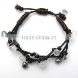 Leather Knotted Bracelet With Pearl and Birthstone, Friendship Bracelet, Wrap Bracelet, Bead Charm Leather Bracelet thumbnail-1