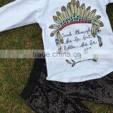 2016 New Design "Fierce" Feather Long Sleeves Black Sequins Pants Kids Clothing Girls Clothes Suit With Matching Accessories thumbnail-2