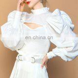 TWOTWINSTYLE Patchwork Hollow Out Shirt For Women Stand Collar Puff Sleeve Casual Black thumbnail-6