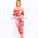 Best Sell Women Clothing off the Shoulder Floral Bodycon Midi Dresses thumbnail-4
