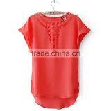 New Women Short Sleeve Short Front Long Back Plain Blouse thumbnail-3