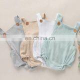Girls Boys Button Rompers Clothes Solid Yellow Blue Button Summer Linen Newborn Belt Jumpsuit Newborn Romper Onesies thumbnail-2