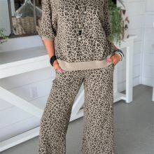 Red Stripe Pullover Hoodie Ribbed Solid Pants 2pcs Set Outfit Gray Leopard Print Raw Seam Patchwork Pullover Drawstring Loose Pant Set Wholesale thumbnail-2