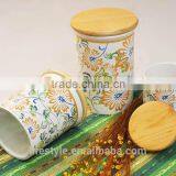 3 Sets Ceramic Canister With Wooden Lid,Stoneware With Decal thumbnail-3