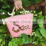 Eco-friendly Short Handle, Pink Baby Straw Woven Beach Bag, Tote Bag Beach thumbnail-3