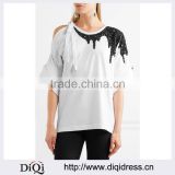 Wholesale Women Apparel White Sequin-embellished Cutout Cotton-jersey T-shirt(DQE0386T)