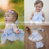 Hot Sale Wholesale Baby Clothes Azure Seersucker Plaid Organic Cotton Baby Clothing Set thumbnail-3