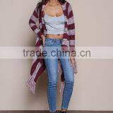 MGOO OEM Custom Burgundy Fringe Cardigan Mohair Striped Outwear Koreas Style Tassels Asymmetric Sweaters thumbnail-2