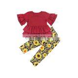 Hot Sale Red 2 Ruffled Design O-Neck Top With Sunflower And Leopard Printed Leggings Baby Kids Clothing Set thumbnail-1