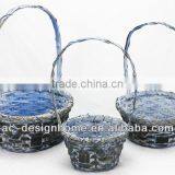 S/3 DK. BLUE WASH ROUND BAMBOO CHIP BASKET W/HANDLE thumbnail-1