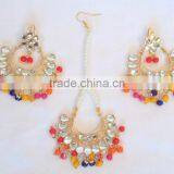 JADAU KUNDAN GOLD PLATED Dangler EARRINGS TIKA SET Real Look thumbnail-2