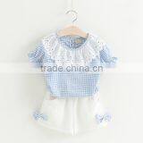 Kids Clothes Plaid Shirt Short Sleeve Round Lace Collar Match Cotton Shorts With Two Smaller Bowknot thumbnail-2