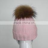 Myfur Baby Pink High Quality Wool Acrylic Knitting Hat and Cap With Raccoon Fur Ball Wholesale thumbnail-4