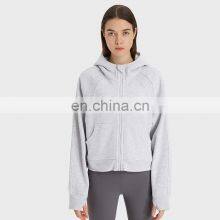 Custom Logo Sports Active Wear Women's Hoodies High Quality Cotton Fleece Oversized Fit Full Zip Up Thumbholes Crop Top Hoodie thumbnail-3