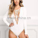 MGOO High Quality Women Long Sleeves Lace Up Bodysuit Low Back Off Plain White V Neck Rib 95% Cotton 5% Spandex thumbnail-2