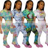 Wholesale Tie Dye With Carton Printing 2 Piece Joggers Crop Top and Stacked Hollow Out Pants Set thumbnail-1