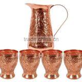 SET OF FINELY EMBOSSED 100% PURE COPPER WATER PITCHER WITH SET OF DRINKING TUMBLERS thumbnail-1