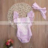 Wholesale Newborn Baby Smocked Cotton Clothes Infant Girls Plain Purple Bodysuit Baby Girls Lace Ruffle Romper thumbnail-3