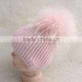 Myfur Wool Knitting Hat With Removable Pink Color Raccoon Fur Pom Pom Attached thumbnail-2