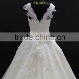 Cream Nice Design Embroidery Lace Appliques Cap Sleeve Long Train Wedding Dress thumbnail-6