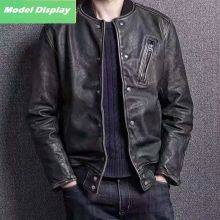 HOT SALE 2021 NEW FASHION MEN'S WASHED BASEBALL GENUINE SHEEPSKIN LEATHER JACKET thumbnail-1