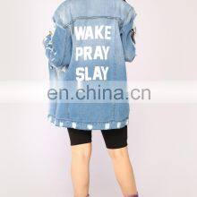 OEM Custom Hot Sale Print Fall Jackets Women Distress Denim Jean Jacket for Women thumbnail-5