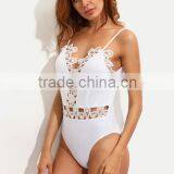 Bodysuits Latest Fashion Design Women Clothing White Spaghetti Strap V Back Crochet Bodysuit thumbnail-1