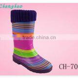 Colorful Stripe Printing And Wool Collar Kids Rubber Boots