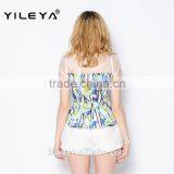 Sexy Cute Colorful Floral Pattern Printed Latest Summer Fashion Blouses Shirts, Patterns of Summer Blouses,korean Summer Blouses thumbnail-4