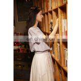 Blue Stripes O-Neck 100% Cotton Elegant Lady's Shirt With Belt thumbnail-3