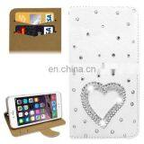 New Design Heart Shape Pattern Pattern Diamond Encrusted Leather Case With Holder and Card Slots for IPhone 6