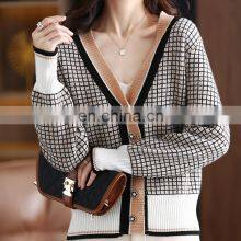 Women Fashion Plaid V Neck Jacquard Merino Wool Korean Style Casual Cardigan Sweater thumbnail-2