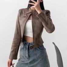 American INS High Street Retro Short Slim Motorcycle Jacket for Women in 2025 Autumn Vintage Color Leather Jacket and Suede Jacket thumbnail-5