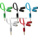 Metal 3.5mm 1 Male to 2 Female Earphone Stereo Audio Extension Y Splitter Noodle Cable