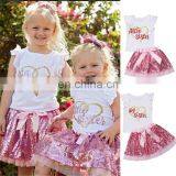 Summer Girls Clothing Set Sleeveless Letter T-shirt Lace Sequin Skirt Outfits Kids Toddler Girls Clothes thumbnail-2