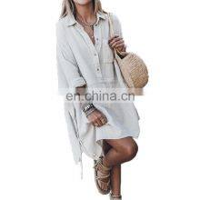 Wholesale Custom Fashion Casual Women's Trend Loose Cotton and Linen V-neck Mid-length Plus Size Dress thumbnail-1