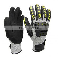13G HPPE Liner Sandy Nitrile Coated TPR Anti Impact Work mechanic Cut Resistant Safety Gloves