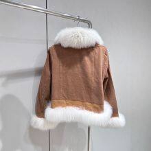 Fox Fur Sheepskin Retro Handmade Buckle Goose Down Inner Lining Splicing Denim Fur Coat for Women thumbnail-2