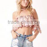 Designer Western Tops Images Women Off Shlouder Pink Floral Pattern Ruffle Crop Tops thumbnail-2