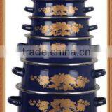 Gold Flower Print Navy Blue Decal Double Handle Enamel Cookware Set Kitchenware Enamel Pot 5 Pcs Stock Belly Pot With Lid thumbnail-1