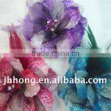 Jewel Center Hair Flower With Feather Gauze