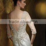 Sexy Satin Lace Baeded Long Sleeve Open Back Wedding Dress thumbnail-3
