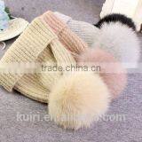 High Quality 15cm Fox Fur Real Sheep Wool Knit Beanie Hat With Fox Fur Ball thumbnail-3