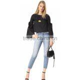 HAODUOYI Soild Black OL Women Blouse Round Neck Long Trumpet Bowknot Sleeve Silt Botton Hollow Out Back Lady Tops for Wholesale thumbnail-2